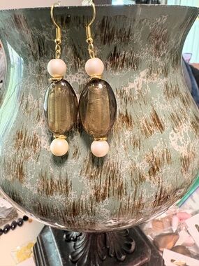Gold-Tone Smoky Green Glass & Cream Bead Drop Earrings